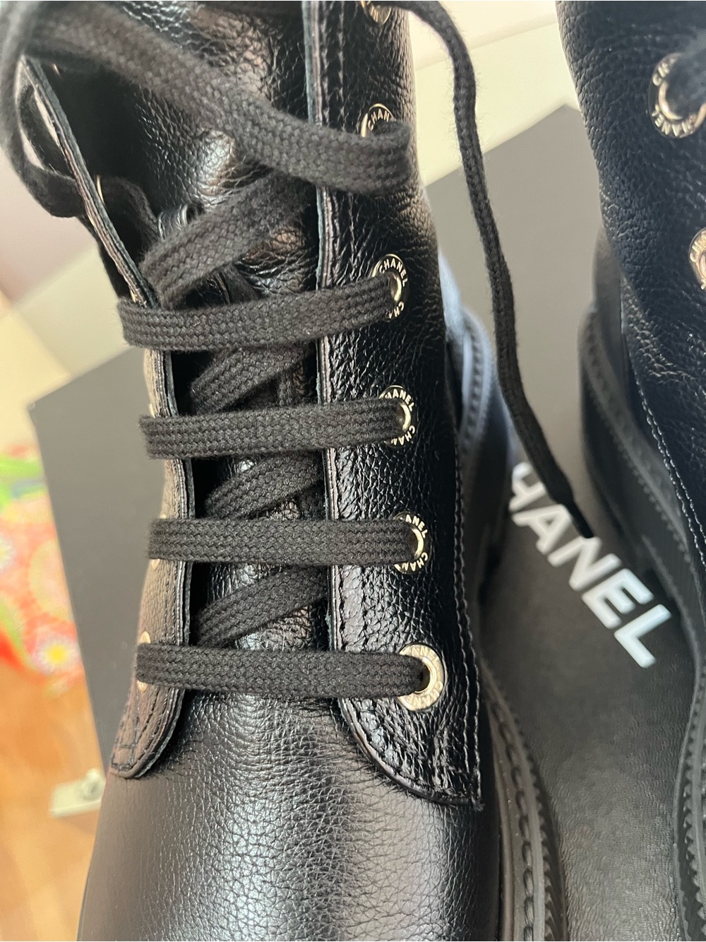 CHANEL Black Leather Lace-Up Platform Ankle Boots with Gold Logo - Picture 4 of 11